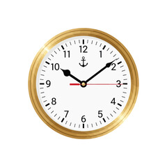 A classic round clock with a polished golden frame, white face, and an anchor symbol at the top, indicating a nautical theme.