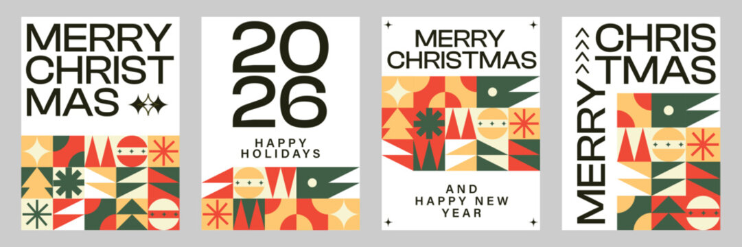 Fototapeta Merry Christmas Vibrant Abstract minimalist style Geometric Pattern with Modern Typography Colorful Festive and Snowflakes Holiday Greeting Background Poster Design