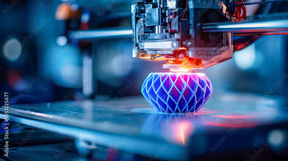 Poster close-up of a 3d printer creating a complex geometric blue object with precision and detail