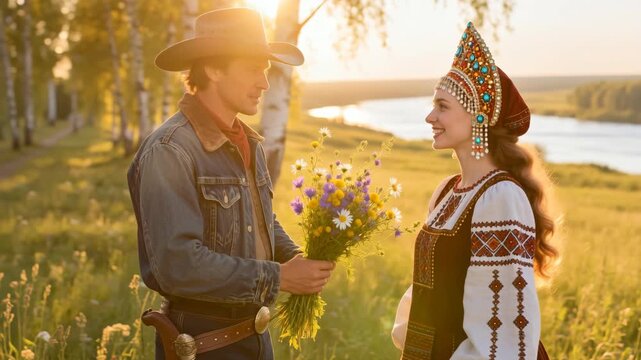 Cinematic medium portrait: an American cowboy in a classic hat and denim jacket offers a bouquet of wildflowers to a beautiful Russian woman