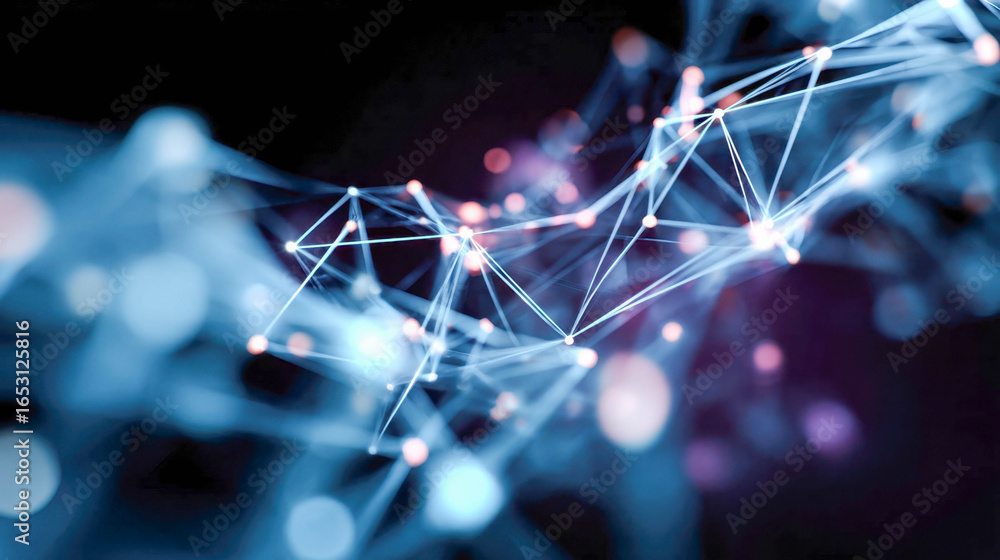 Poster abstract digital network of glowing blue and pink nodes connected by luminous lines, symbolizing com