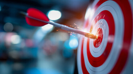 Red arrow perfectly hitting the bullseye of a red and white archery target, symbolizing precision and success