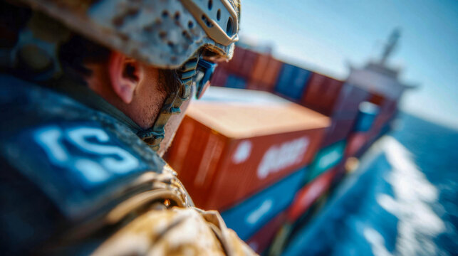 Soldier in uniform standing on cargo ship with shipping containers in background