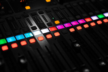  
Mixer control. Music engineer. Backstage controls on an audio mixer, Sound mixer. Professional...