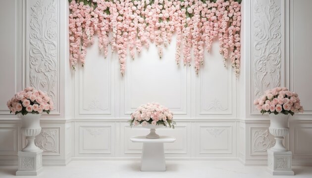 Elegant interior setting featuring cascading pink roses and lush floral arrangements. White ornate wall paneling creates a luxurious backdrop suitable for weddings, celebrations, or romantic events.