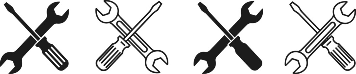Crossed wrench and screwdriver icons, solid and outline styles, repair, maintenance, tools, construction, engineering, vector symbols, black silhouettes, outline graphics
