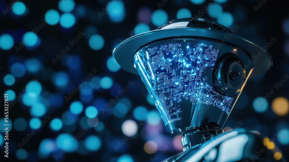 Poster futuristic metallic robot head with illuminated circuits.