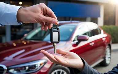 Obraz premium Close-up of car dealer giving auto key to buyer, second-hand used car sale or rental concept, vehicle dealership loan finance service, transportation business handshake deal automotive industry offer