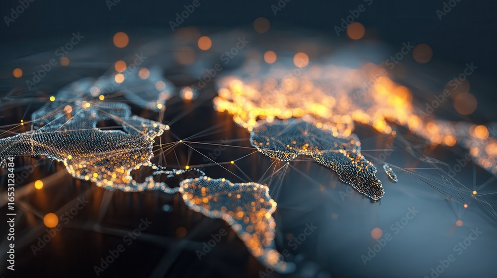 Poster global network connection concept with glowing dots and lines on world map background.