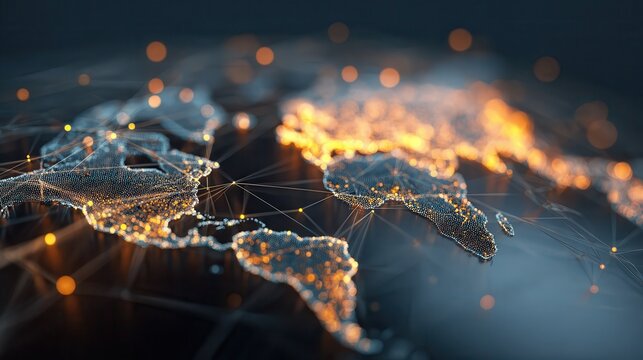 Global network connection concept with glowing dots and lines on world map background.