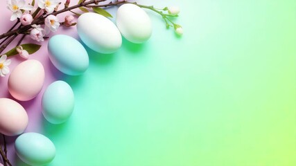 Colorful easter eggs and cherry blossom creating festive spring background.