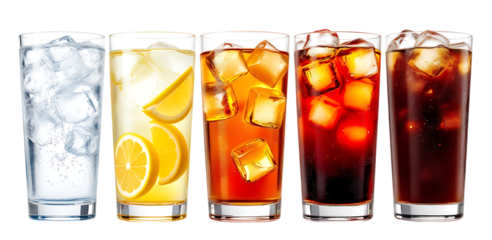Assortment of refreshing drinks with ice cubes and isolated on transparent background

