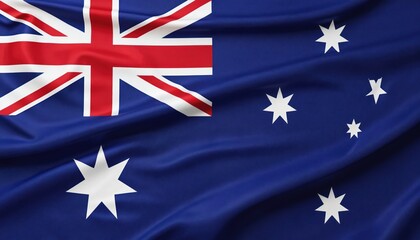 Australian national flag waving prominently. Features blue fabric with Union Jack, Southern Cross stars. Symbol of Australian patriotism, country pride, and national identity.