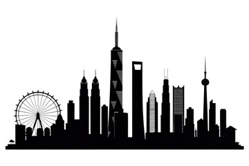 Obraz premium Cityscape silhouette with ferris wheel isolated on transparent background