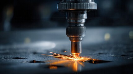 Laser welding process close up industrial automation precision manufacturing technology high angle view.