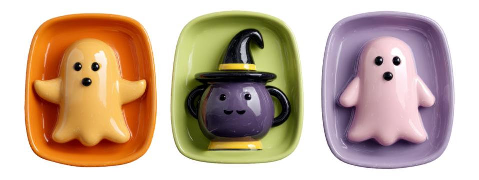 Cute Ghost Figurines and Halloween Cup on Colorful Dishes Isolated on White Background - Powered by Adobe