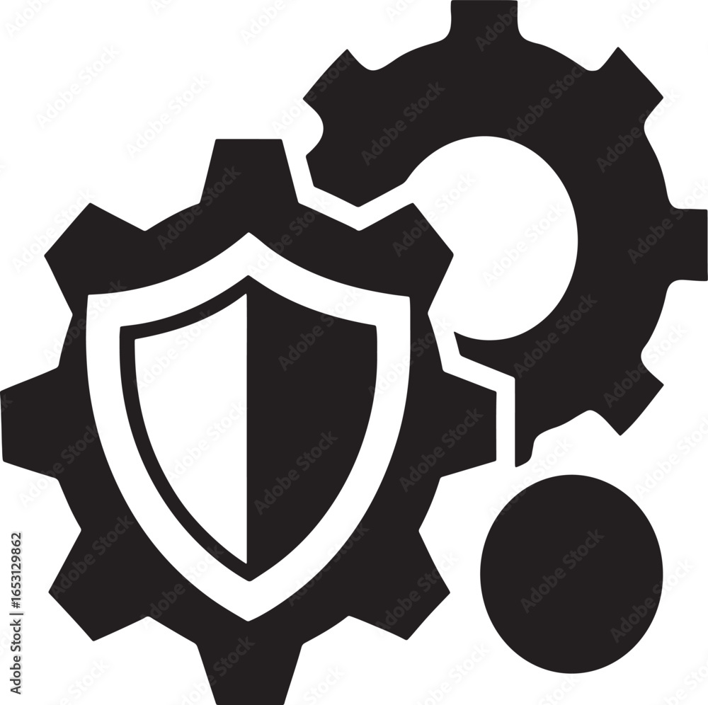Poster black shield symbol integrated with interlocking gears and a solid circle on a white background