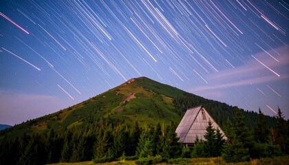 Mountain landscape at night with star trails
