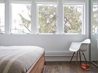 Modern luxury bedroom interior in minimal scandinavian style, 3d render