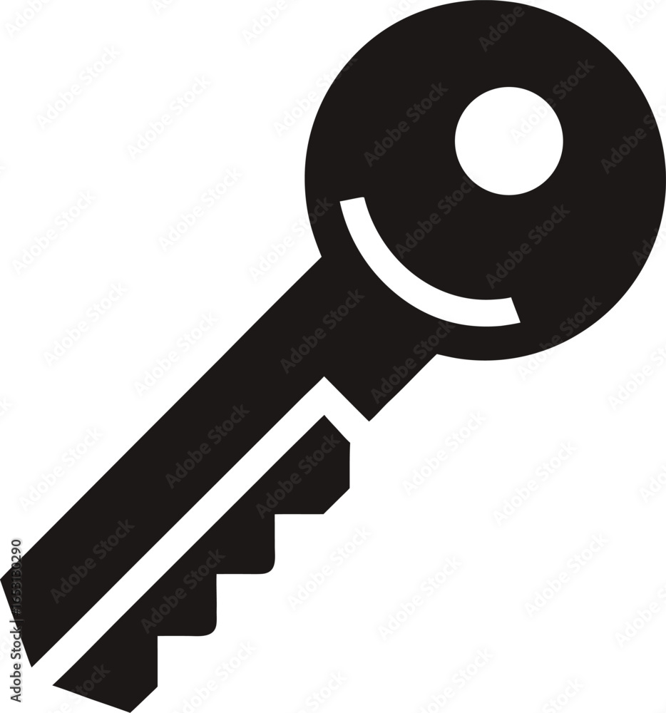 Poster black silhouette of a key with a circular head and notched bit isolated on a white background