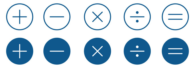 Math Symbols – Blue Circle Icons for Add, Subtract, Multiply, Divide, equal. Plus, minus, multiply, divide and equal sign icon design set. Mathematics shapes. plus and minus.