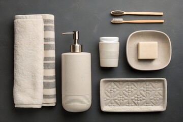 Naklejka premium Overhead view of modern bathroom accessories including towels soap dispenser toothbrushes soap dish and tumbler on a dark surface