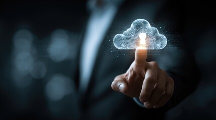 A finger touching a digital cloud with data connections.
