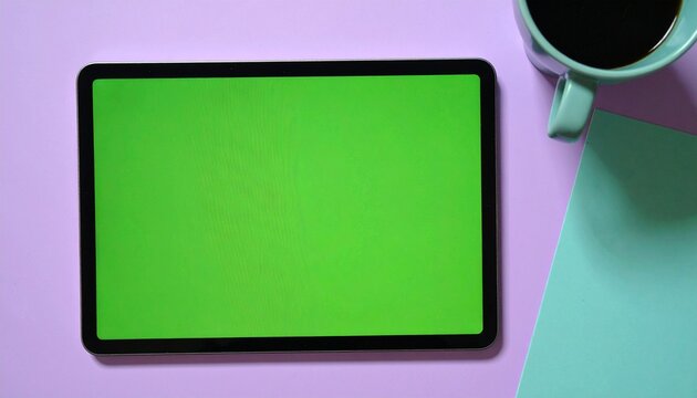 Tablet with green screen and coffee mug on a vibrant purple and teal background.