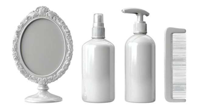Isolated Elegant White Cosmetic Bottles and Mirror on Transparent Background - Powered by Adobe
