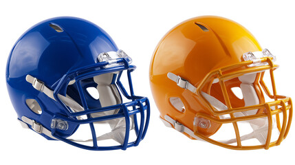 Fototapeta premium Two football helmets: blue and gold
