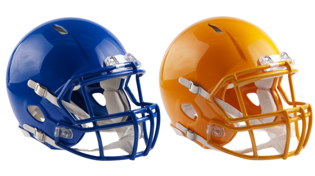 Two football helmets: blue and gold - Powered by Adobe