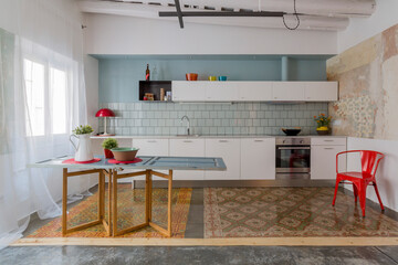 Modern luxury kitchen interior in minimal scandinavian style, 3d render