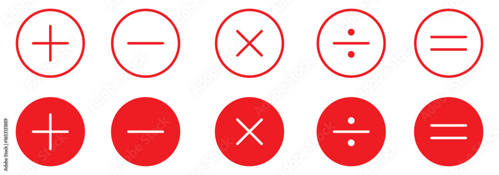 Poster math symbols – red circle icons for add, subtract, multiply, divide, equal. plus, minus, multiply, d
