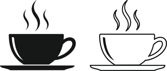 Hot coffee cup icons in solid and outline styles, steaming mug on saucer, café drink symbol, beverage vector illustration set