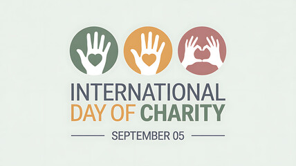 International day of charity september 5th with three diverse hands showing hearts symbolizing giving and compassion