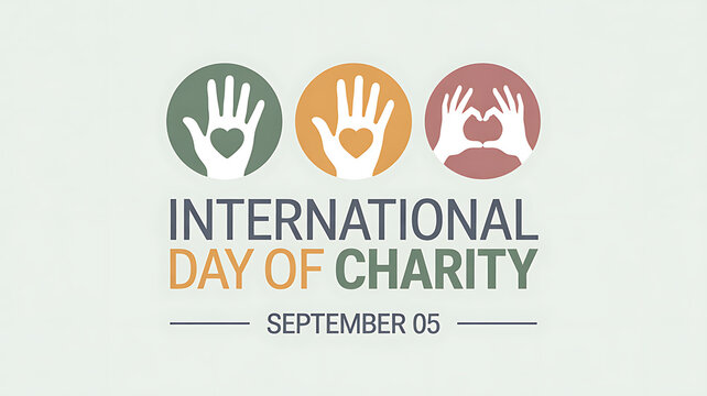International day of charity september 5th with three diverse hands showing hearts symbolizing giving and compassion - Powered by Adobe