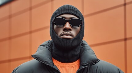streetwear portrait with black balaclava sunglasses and puffer jacket