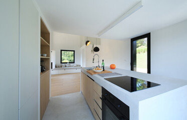 Modern luxury kitchen interior in minimal scandinavian style, 3d render