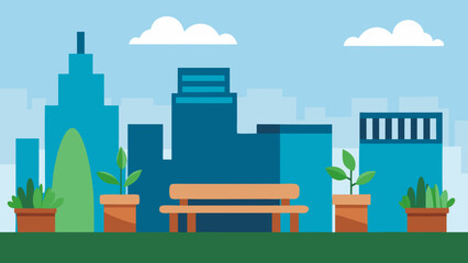 Naklejka premium Peaceful City Rooftop Garden Lush Plants Benches Urban Oasis Green Space View