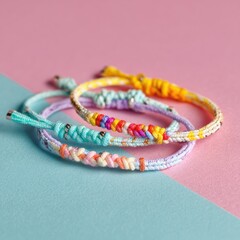 Fototapeta premium Colorful braided bracelets on a pastel background.