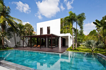 Modern luxury villa exterior in minimal scandinavian style, 3d render