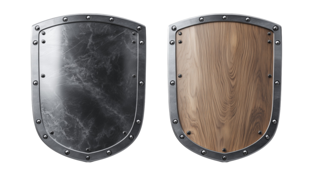 Two shields: metal and wood with rivets
