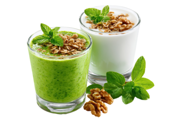 Two healthy drinks, one green smoothie and one yogurt drink, topped with granola and mint