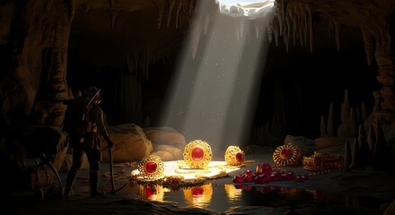 Explorer discovering treasure in mysterious cave