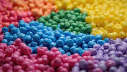 Close-up of colorful candy pieces in red, yellow, and unique shapes. Clusters of sweets with diverse designs and textures. Soft blur background highlights candy details.