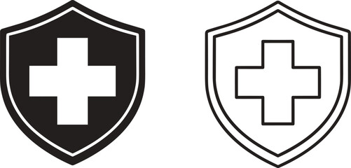 Shield icon set with cross symbol, protection and safety sign, black and white style, medical aid, health security emblem illustration