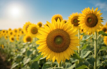 Vibrant sunflower field basks in warm sunlight under clear blue sky. Large yellow flowers turn towards sun, growth, positivity, happiness. Cheerful floral scene captures of summer bounty, natural