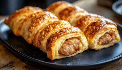 sausage in dough on a black plate on a wooden countertop