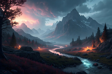 Majestic mountain range at dusk with a winding river and glowing lights in the valley mountains stream
