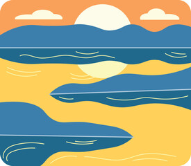 Minimalist flat design ocean sunset landscape tranquil blue water golden beach abstract boats mountains and soft clouds scenic nature art
